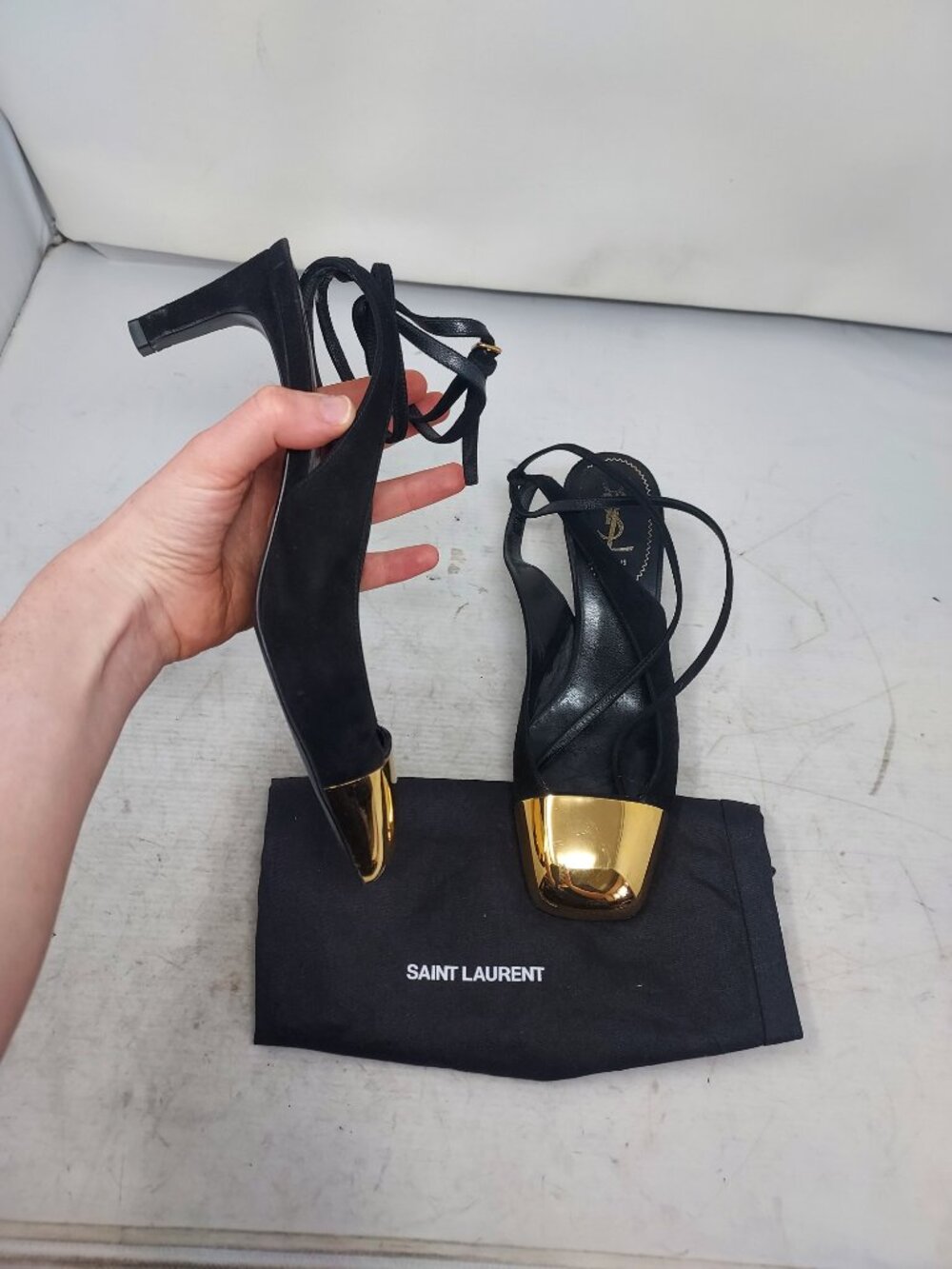 Saint Laurent Black Gold Toe Ankle Wrap Suede Slingback Shoe
